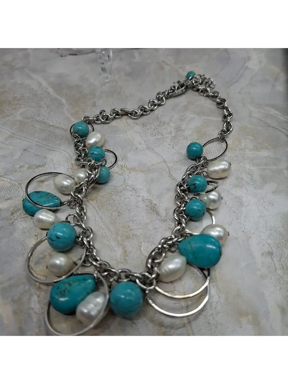 Genuine Pearls Silvertone and Turquoise Colored Howlite Beaded Necklace